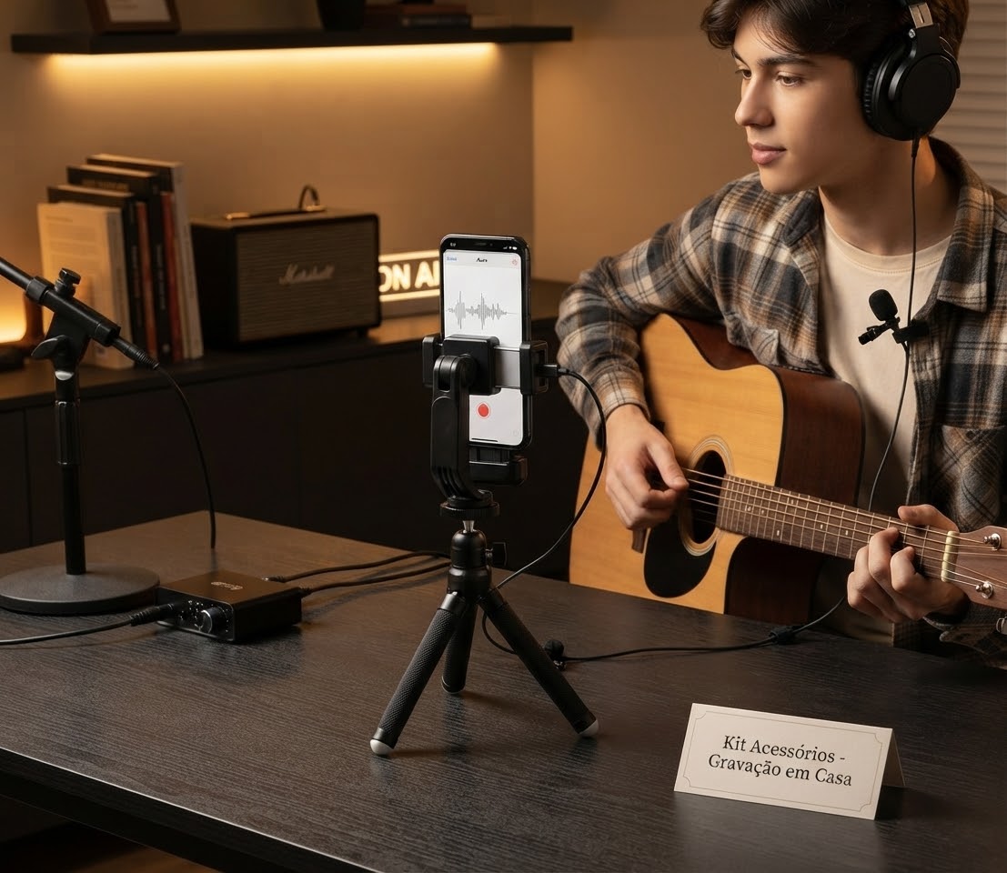 Músico gravando cover em casa com celular no tripé